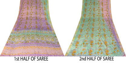 Sanskriti Vintage Saree Purple-Green Pure Crepe Floral Print Sari 5.5+Yd Fabric