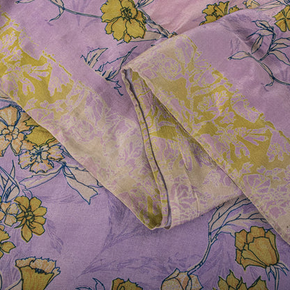 Sanskriti Vintage Saree Purple-Green Pure Crepe Floral Print Sari 5.5+Yd Fabric