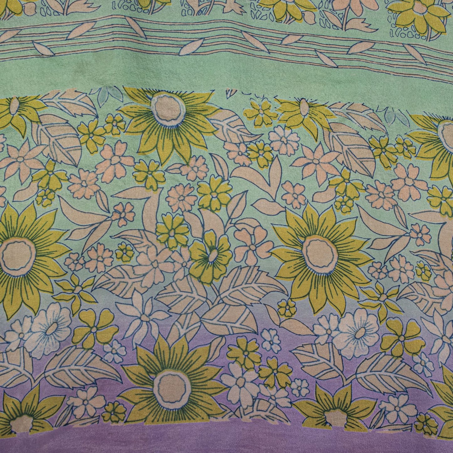 Sanskriti Vintage Saree Purple-Green Pure Crepe Floral Print Sari 5.5+Yd Fabric