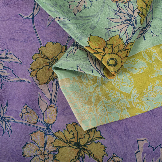 Sanskriti Vintage Saree Purple-Green Pure Crepe Floral Print Sari 5.5+Yd Fabric