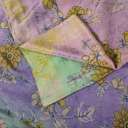 Sanskriti Vintage Saree Purple-Green Pure Crepe Floral Print Sari 5.5+Yd Fabric