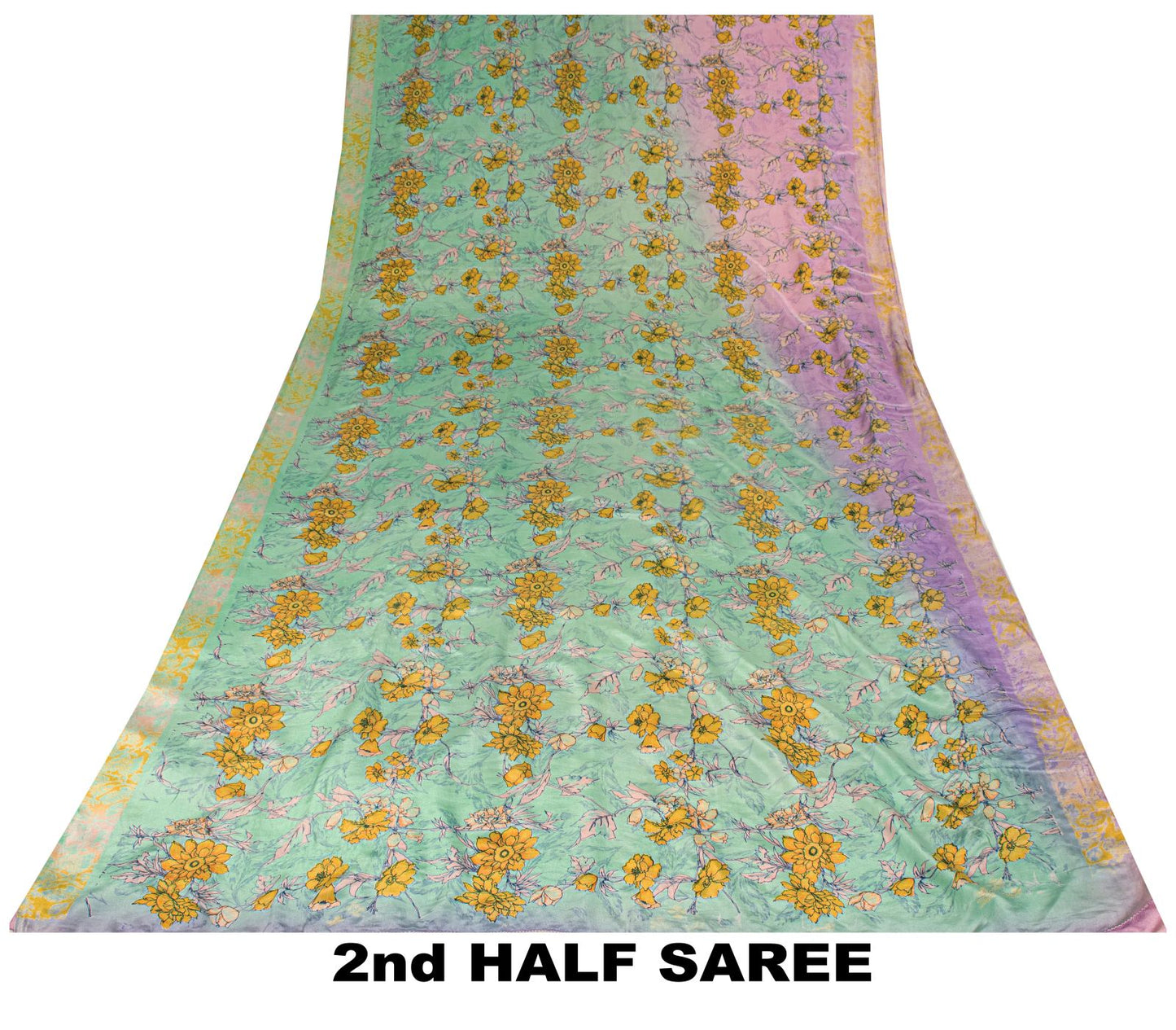Sanskriti Vintage Saree Purple-Green Pure Crepe Floral Print Sari 5.5+Yd Fabric