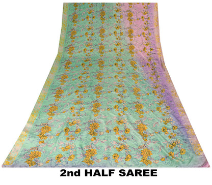 Sanskriti Vintage Saree Purple-Green Pure Crepe Floral Print Sari 5.5+Yd Fabric