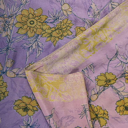 Sanskriti Vintage Saree Purple-Green Pure Crepe Floral Print Sari 5.5+Yd Fabric