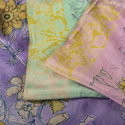 Sanskriti Vintage Saree Purple-Green Pure Crepe Floral Print Sari 5.5+Yd Fabric