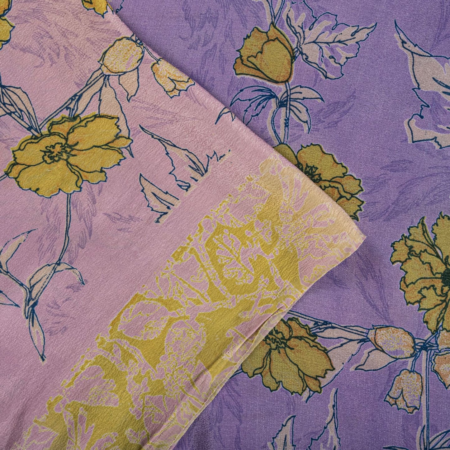 Sanskriti Vintage Saree Purple-Green Pure Crepe Floral Print Sari 5.5+Yd Fabric
