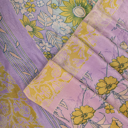 Sanskriti Vintage Saree Purple-Green Pure Crepe Floral Print Sari 5.5+Yd Fabric
