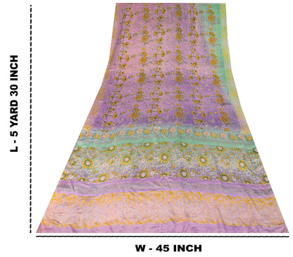Sanskriti Vintage Saree Purple-Green Pure Crepe Floral Print Sari 5.5+Yd Fabric