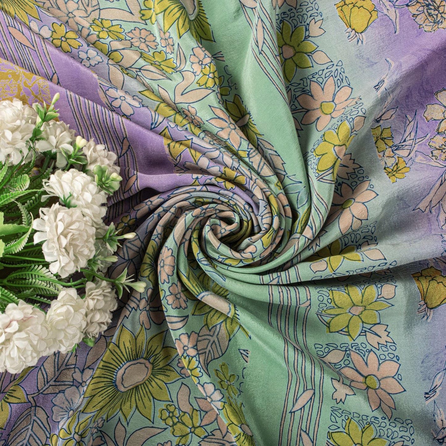 Sanskriti Vintage Saree Purple-Green Pure Crepe Floral Print Sari 5.5+Yd Fabric