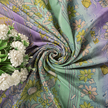 Sanskriti Vintage Saree Purple-Green Pure Crepe Floral Print Sari 5.5+Yd Fabric