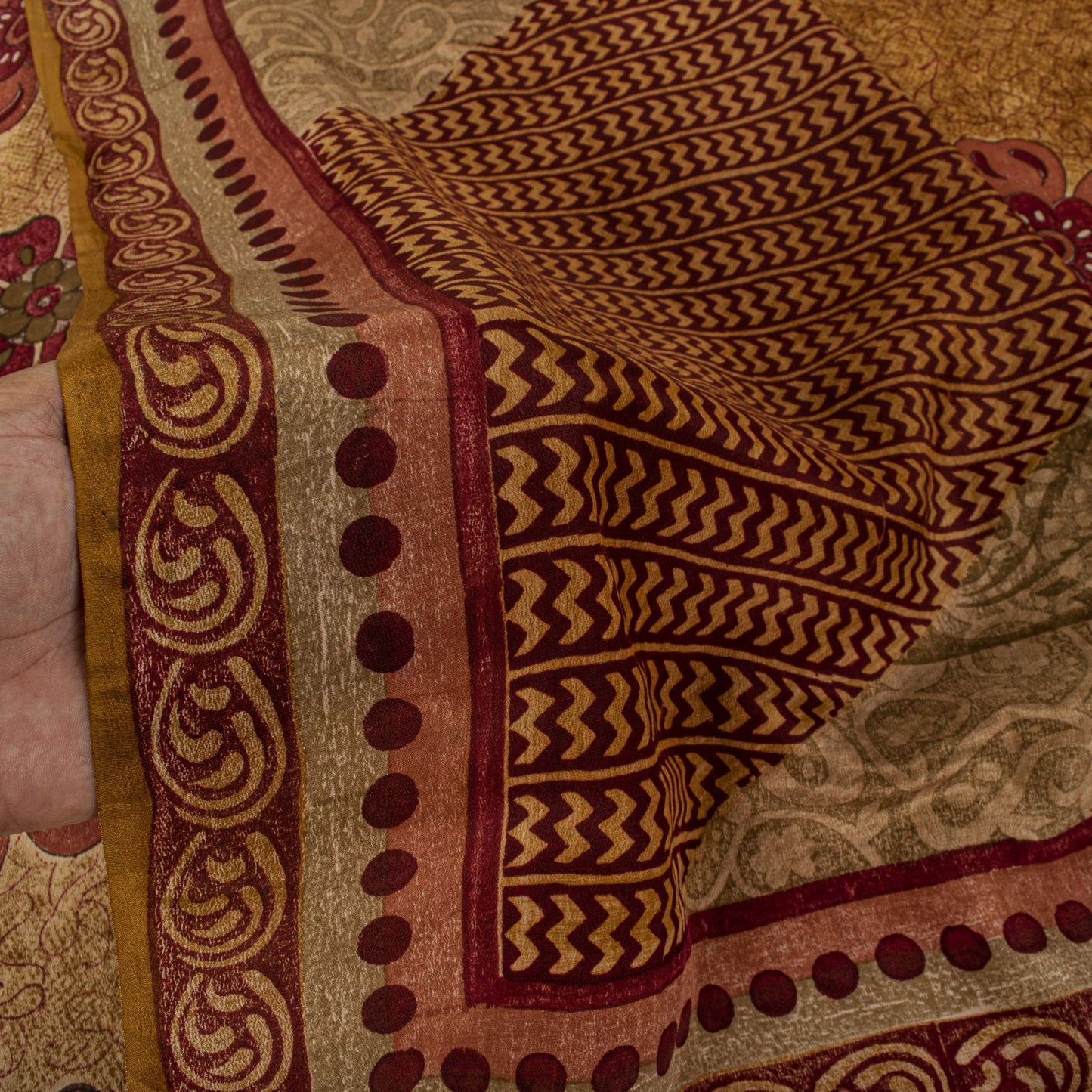 Sanskriti Vintage Saree Brown Pure Crepe Paisley Print Sari 5.5+Yard CraftFabric