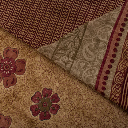 Sanskriti Vintage Saree Brown Pure Crepe Paisley Print Sari 5.5+Yard CraftFabric