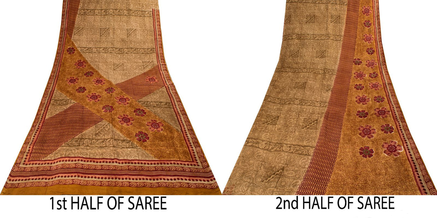 Sanskriti Vintage Saree Brown Pure Crepe Paisley Print Sari 5.5+Yard CraftFabric