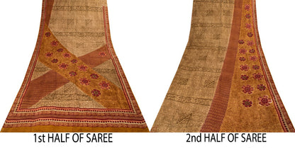 Sanskriti Vintage Saree Brown Pure Crepe Paisley Print Sari 5.5+Yard CraftFabric