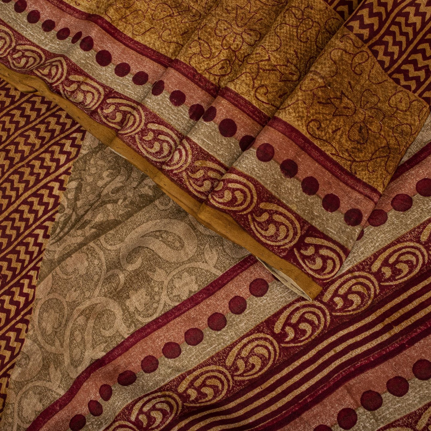 Sanskriti Vintage Saree Brown Pure Crepe Paisley Print Sari 5.5+Yard CraftFabric