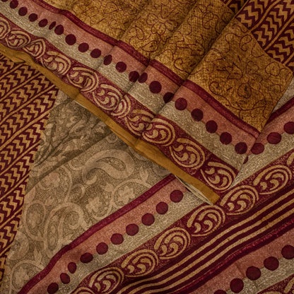 Sanskriti Vintage Saree Brown Pure Crepe Paisley Print Sari 5.5+Yard CraftFabric