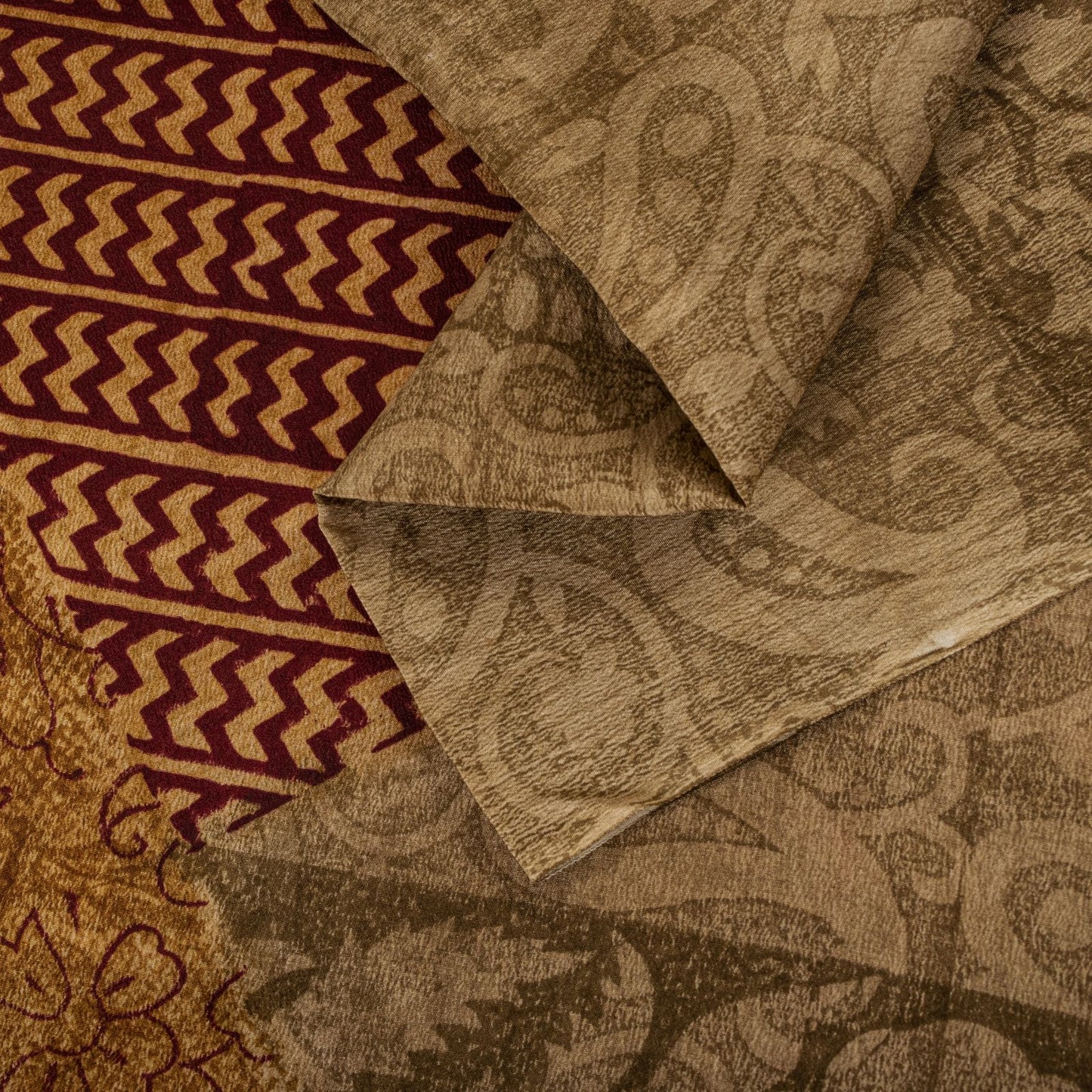 Sanskriti Vintage Saree Brown Pure Crepe Paisley Print Sari 5.5+Yard CraftFabric