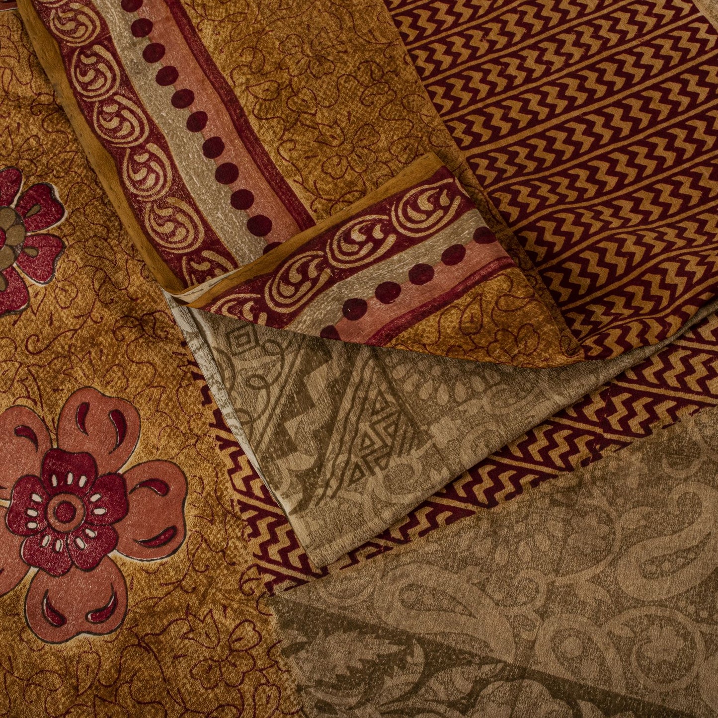 Sanskriti Vintage Saree Brown Pure Crepe Paisley Print Sari 5.5+Yard CraftFabric