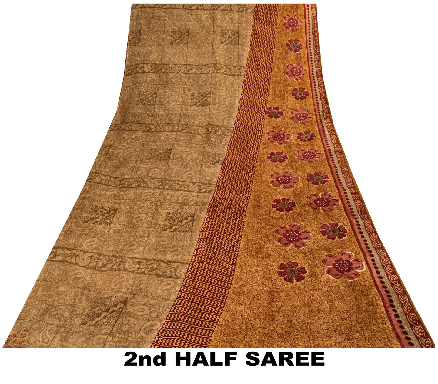 Sanskriti Vintage Saree Brown Pure Crepe Paisley Print Sari 5.5+Yard CraftFabric