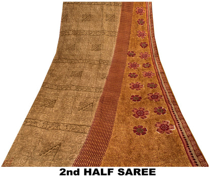Sanskriti Vintage Saree Brown Pure Crepe Paisley Print Sari 5.5+Yard CraftFabric