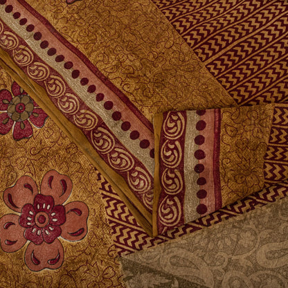 Sanskriti Vintage Saree Brown Pure Crepe Paisley Print Sari 5.5+Yard CraftFabric