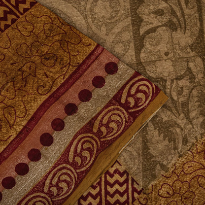 Sanskriti Vintage Saree Brown Pure Crepe Paisley Print Sari 5.5+Yard CraftFabric