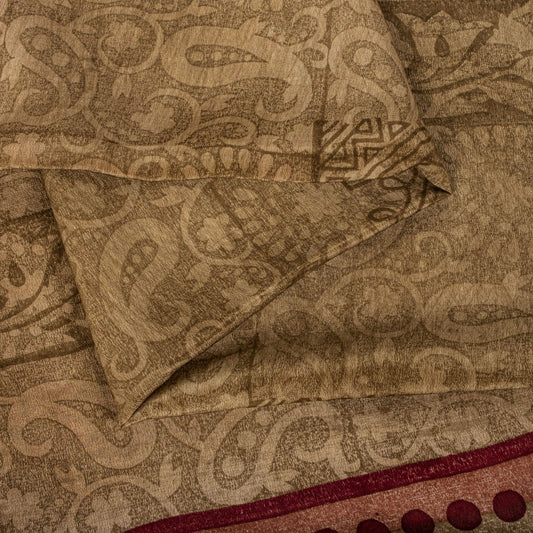 Sanskriti Vintage Saree Brown Pure Crepe Paisley Print Sari 5.5+Yard CraftFabric