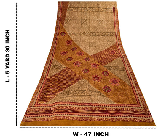 Sanskriti Vintage Saree Brown Pure Crepe Paisley Print Sari 5.5+Yard CraftFabric