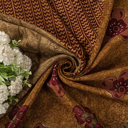 Sanskriti Vintage Saree Brown Pure Crepe Paisley Print Sari 5.5+Yard CraftFabric