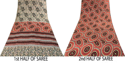 Sanskriti Vintage Saree Gray-Pink Pure Crepe Floral Printed Sari 5.5+Yard Fabric