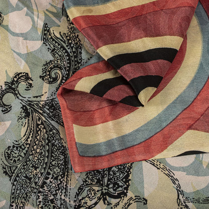 Sanskriti Vintage Saree Gray-Pink Pure Crepe Floral Printed Sari 5.5+Yard Fabric