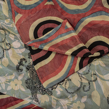 Sanskriti Vintage Saree Gray-Pink Pure Crepe Floral Printed Sari 5.5+Yard Fabric
