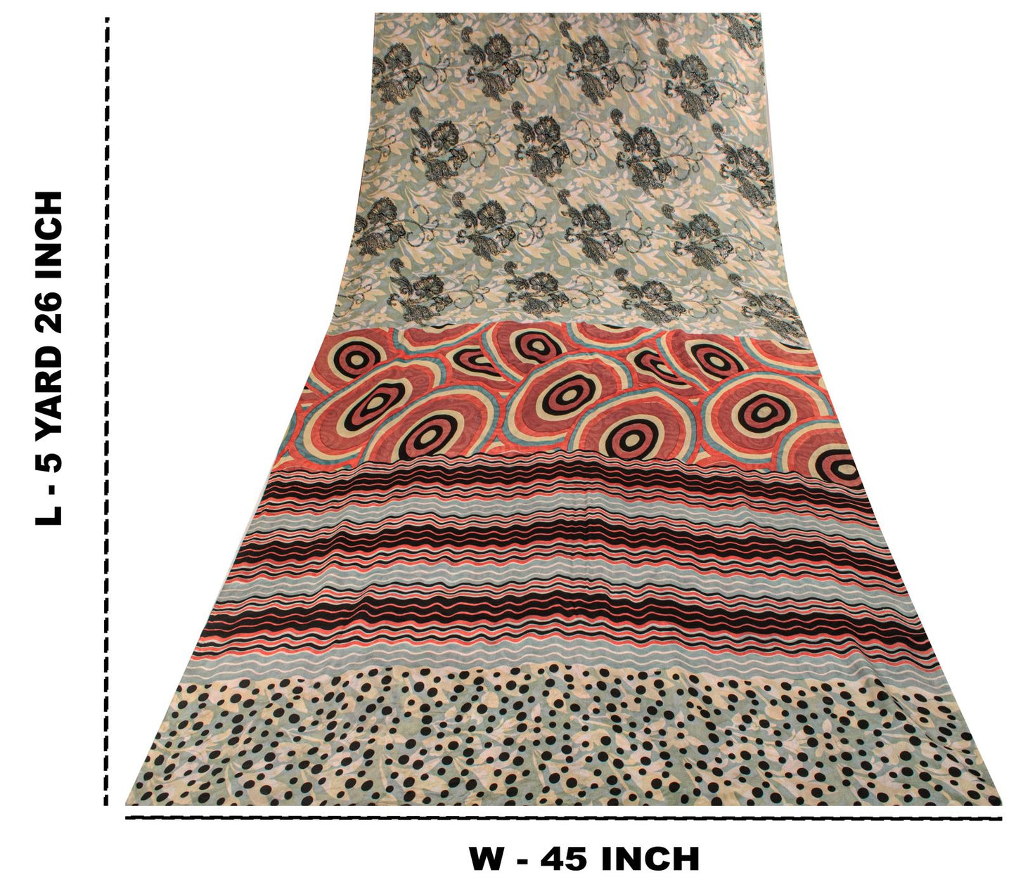 Sanskriti Vintage Saree Gray-Pink Pure Crepe Floral Printed Sari 5.5+Yard Fabric