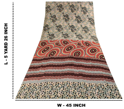 Sanskriti Vintage Saree Gray-Pink Pure Crepe Floral Printed Sari 5.5+Yard Fabric