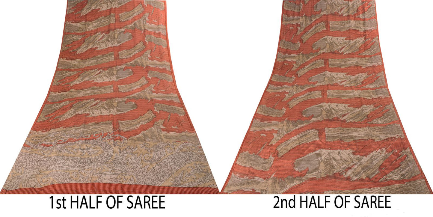 Sanskriti Vintage Saree Pink 100% Pure Crepe Abstract Print Sari 5.5+Yard Fabric