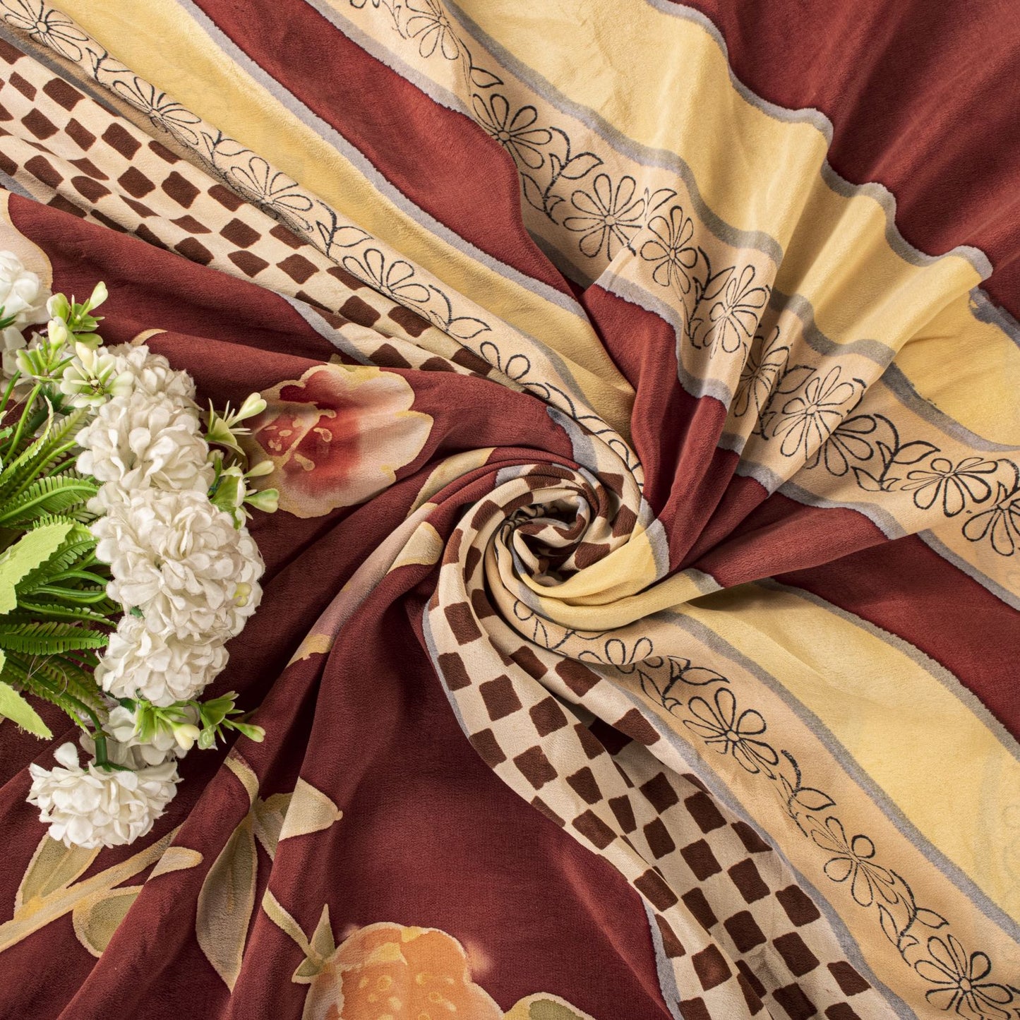 Sanskriti Vintage Saree Red-Beige Pure Crepe Floral Printed Sari 5.5+Yard Fabric