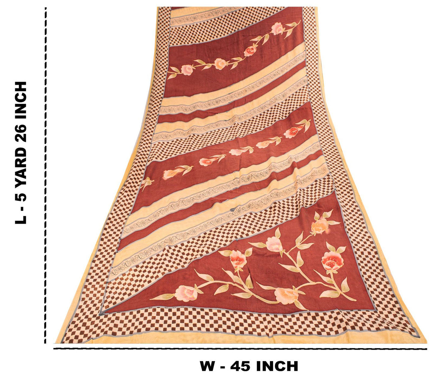 Sanskriti Vintage Saree Red-Beige Pure Crepe Floral Printed Sari 5.5+Yard Fabric