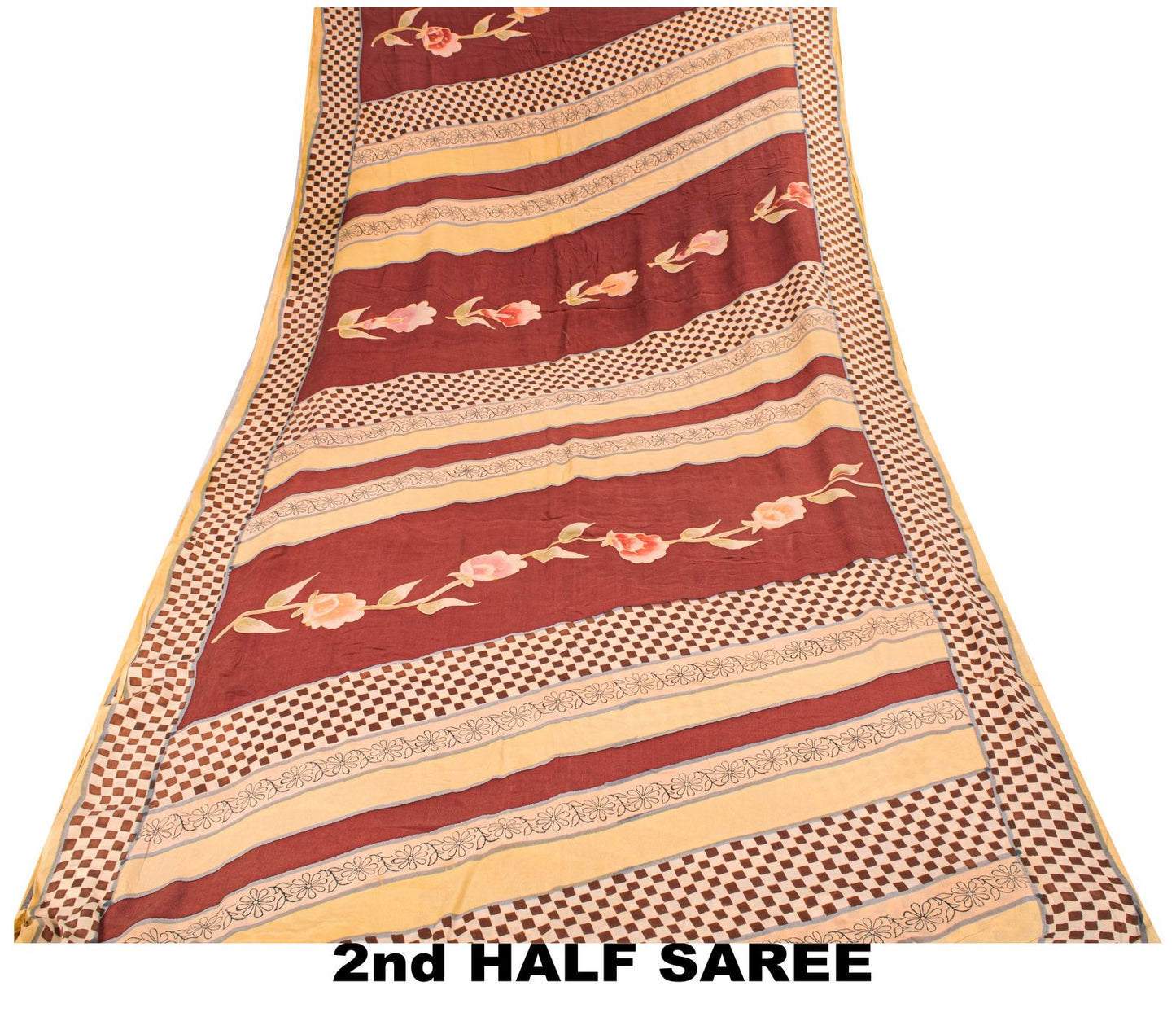 Sanskriti Vintage Saree Red-Beige Pure Crepe Floral Printed Sari 5.5+Yard Fabric