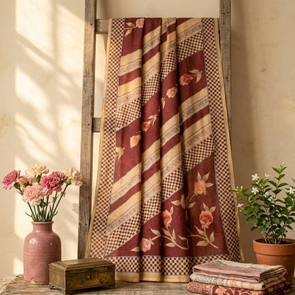 Sanskriti Vintage Saree Red-Beige Pure Crepe Floral Printed Sari 5.5+Yard Fabric