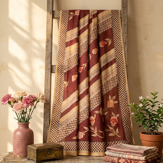 Sanskriti Vintage Saree Red-Beige Pure Crepe Floral Printed Sari 5.5+Yard Fabric