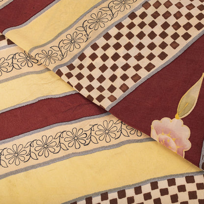 Sanskriti Vintage Saree Red-Beige Pure Crepe Floral Printed Sari 5.5+Yard Fabric