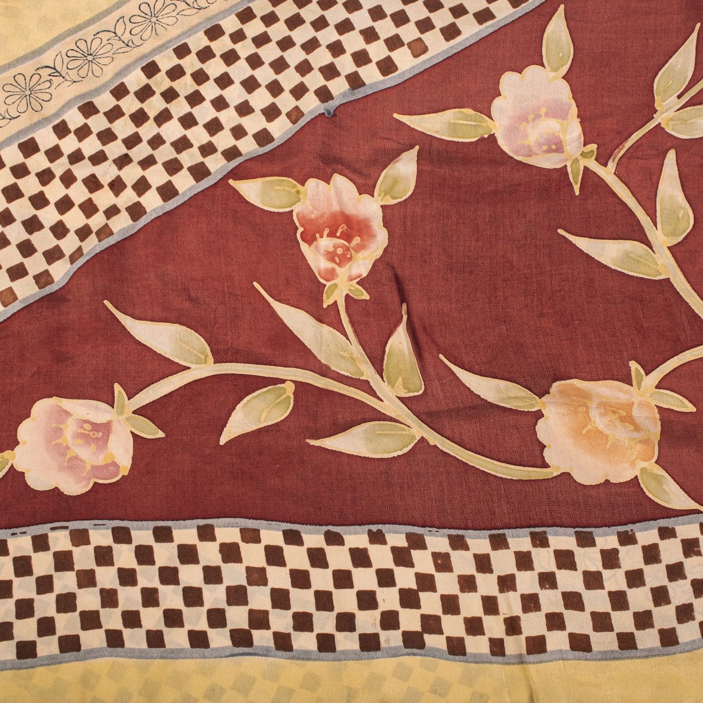 Sanskriti Vintage Saree Red-Beige Pure Crepe Floral Printed Sari 5.5+Yard Fabric