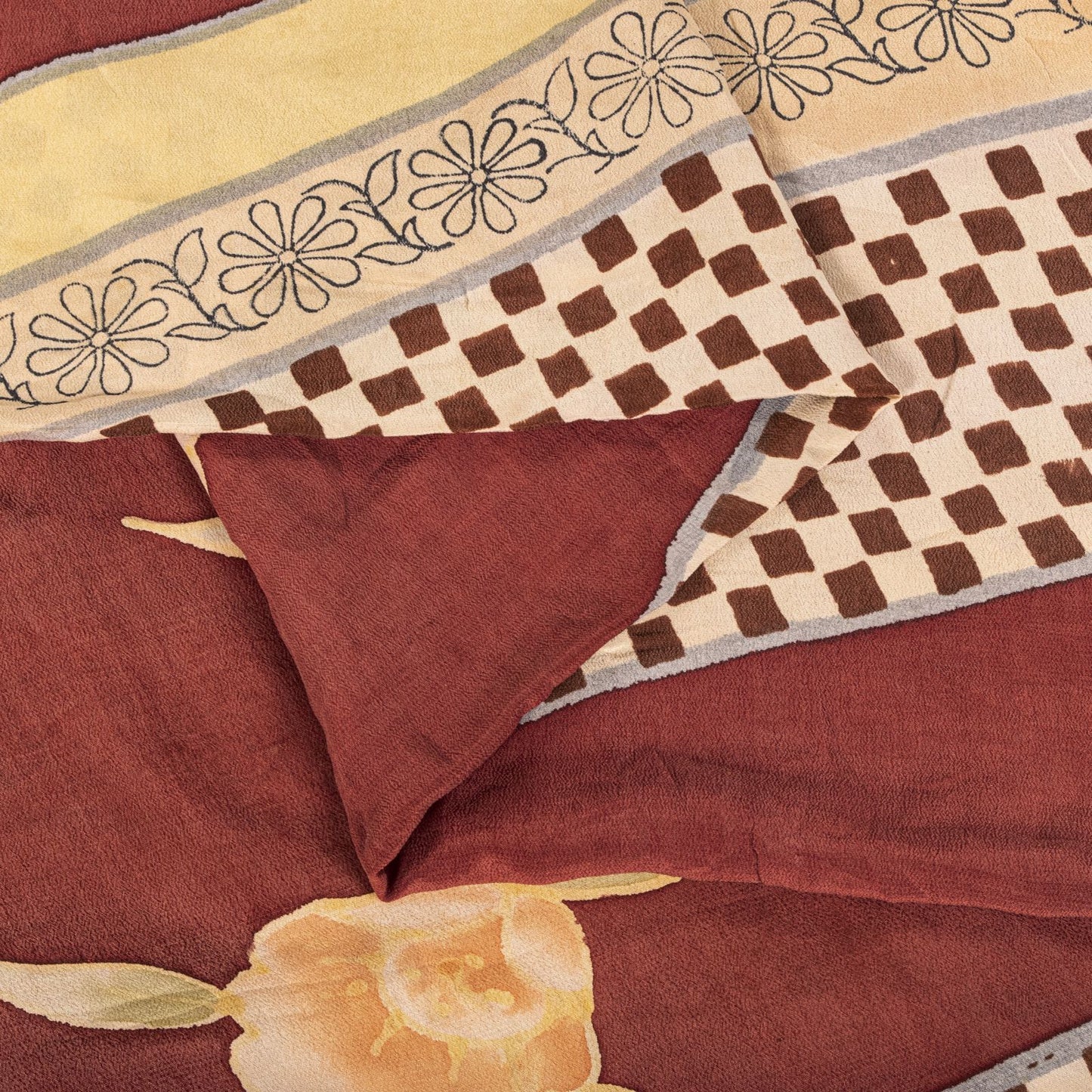Sanskriti Vintage Saree Red-Beige Pure Crepe Floral Printed Sari 5.5+Yard Fabric
