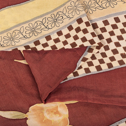 Sanskriti Vintage Saree Red-Beige Pure Crepe Floral Printed Sari 5.5+Yard Fabric