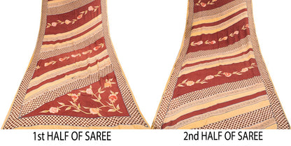 Sanskriti Vintage Saree Red-Beige Pure Crepe Floral Printed Sari 5.5+Yard Fabric