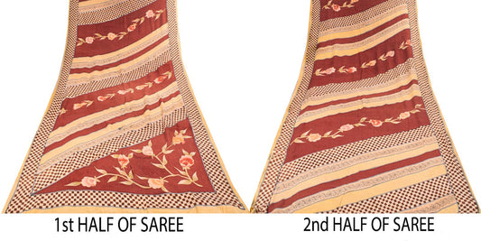 Sanskriti Vintage Saree Red-Beige Pure Crepe Floral Printed Sari 5.5+Yard Fabric