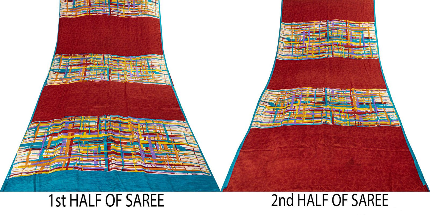 Sanskriti Vintage Saree Red Pure Crepe Silk Abstract Printed Sari 5+Yard Fabric
