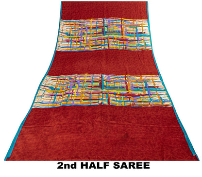 Sanskriti Vintage Saree Red Pure Crepe Silk Abstract Printed Sari 5+Yard Fabric