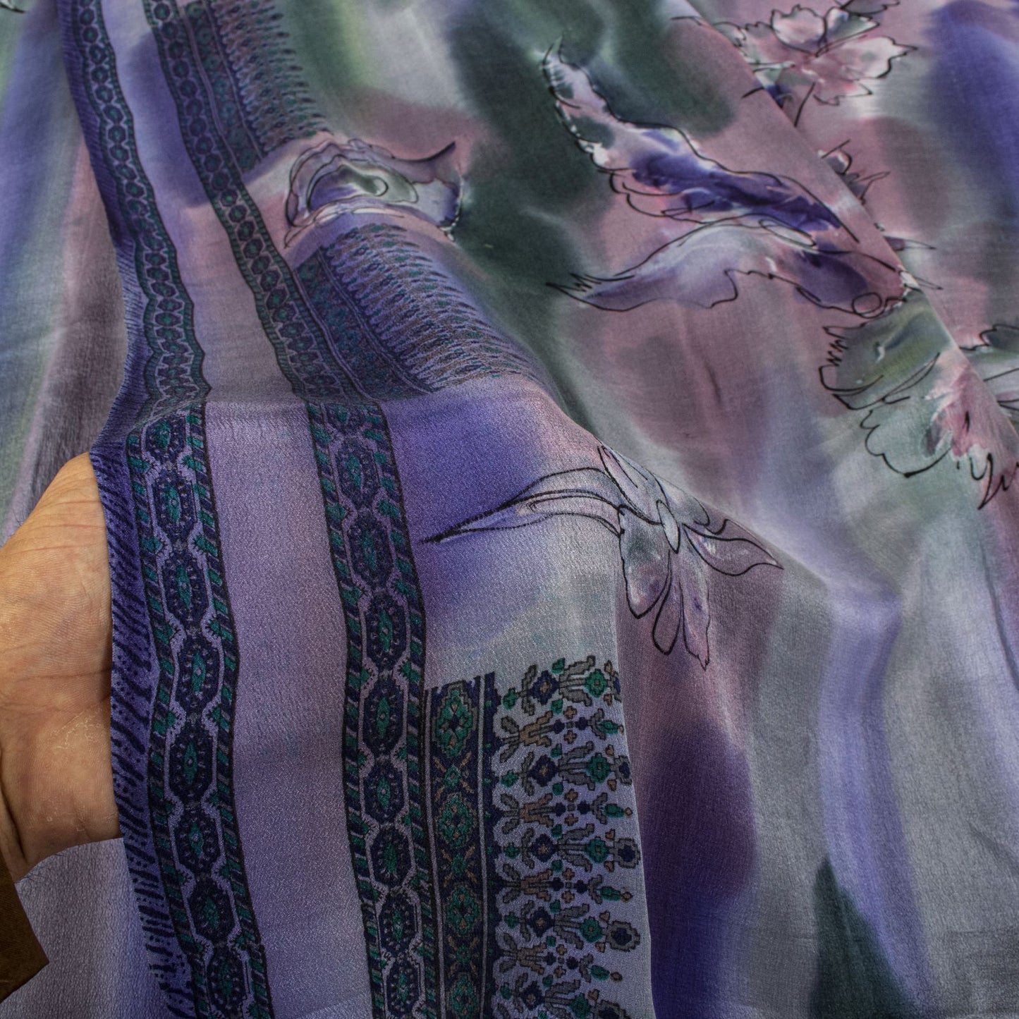 Sanskriti Vintage Saree Blue 100% Pure Crepe Digital Print Sari 5.5+Yard Fabric