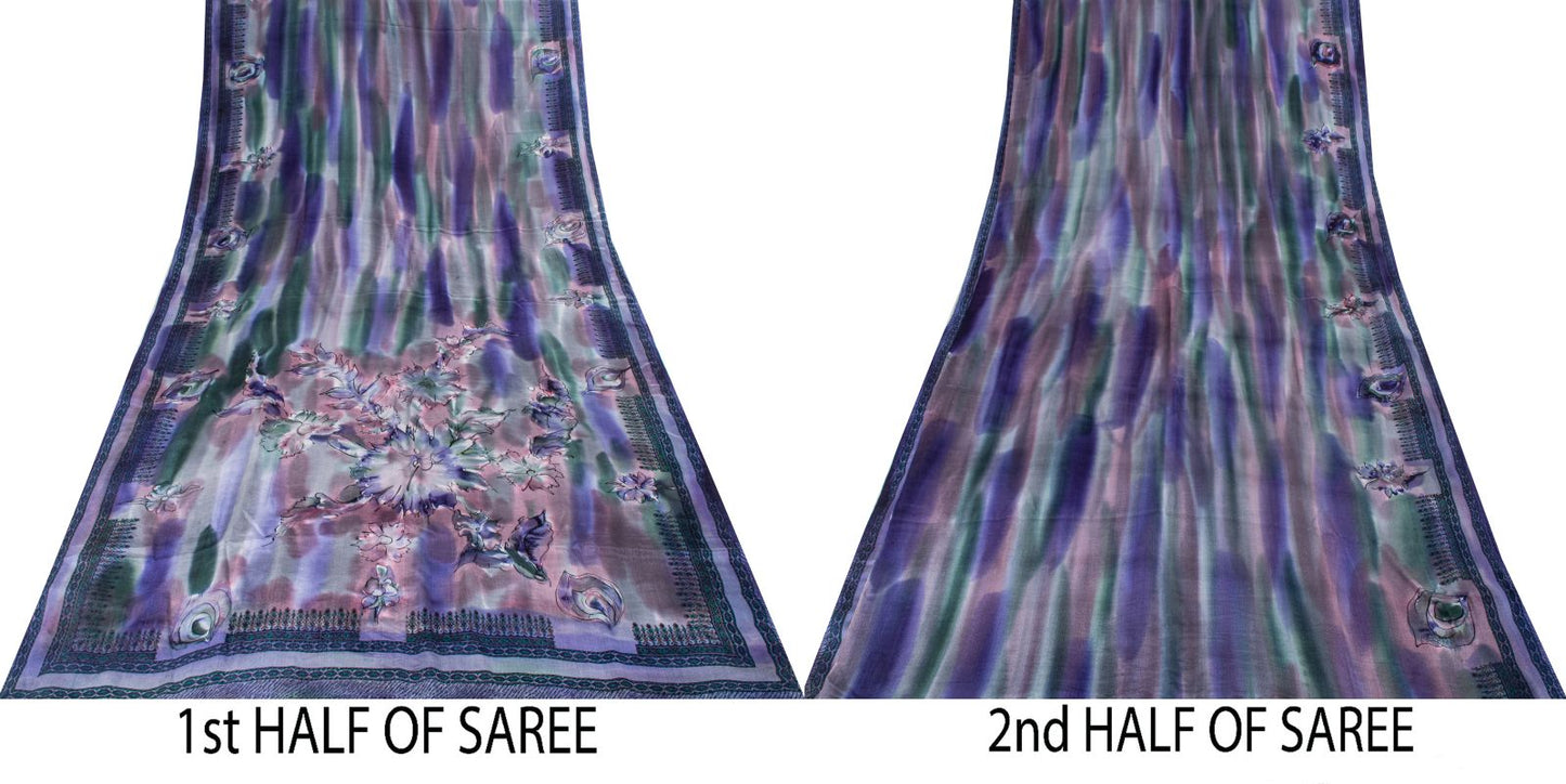 Sanskriti Vintage Saree Blue 100% Pure Crepe Digital Print Sari 5.5+Yard Fabric
